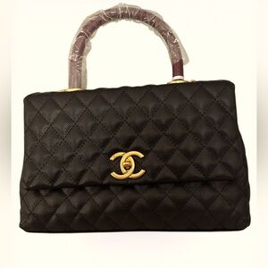 Vintage Luxe Coco style Black Quilted faux Leather top handle bag